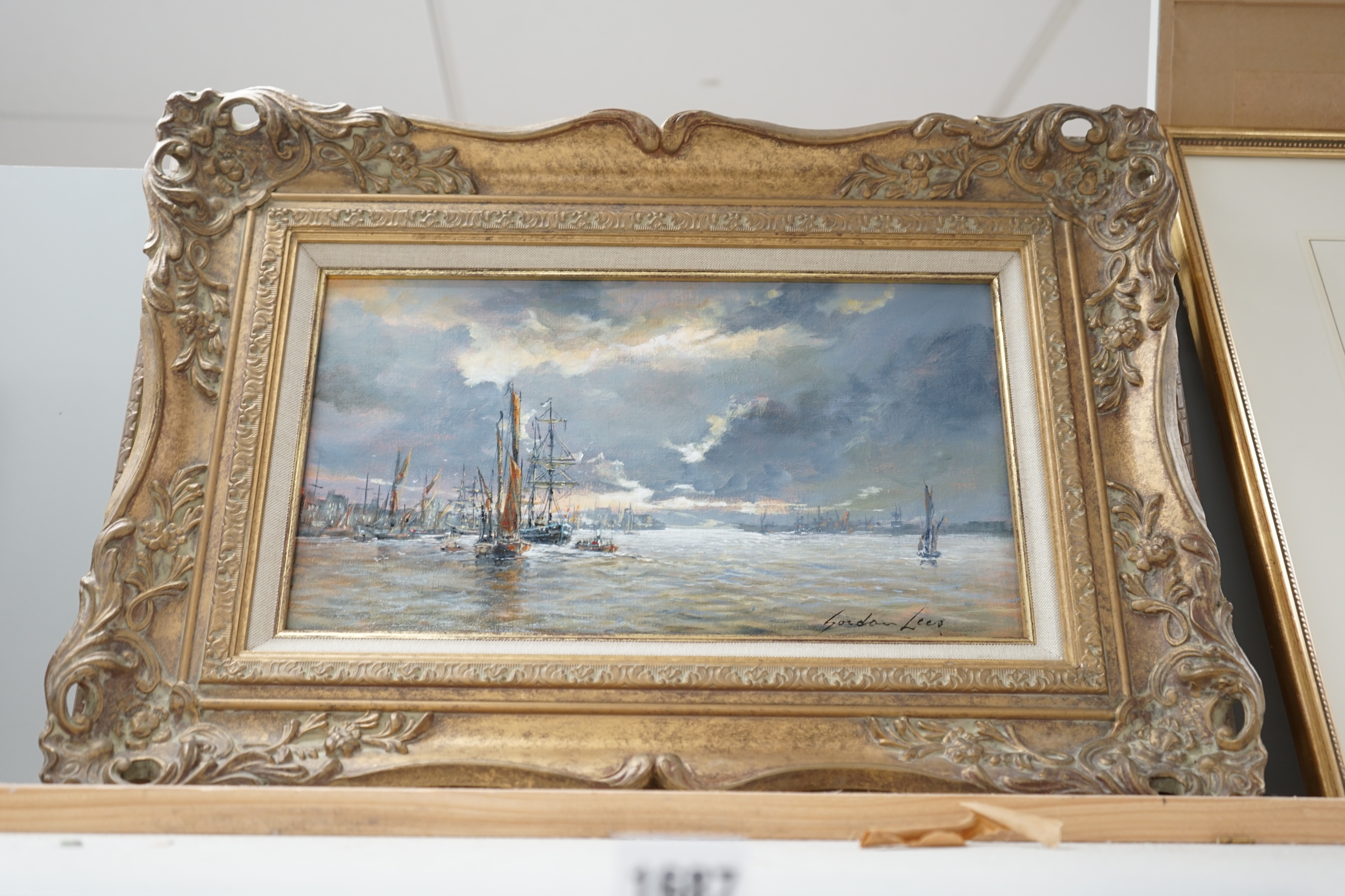 Gordon Lees (b.1933), oil on canvas, Estuary scene with ships, signed, 19.5 x 35cm, ornate gilt framed. Condition - good